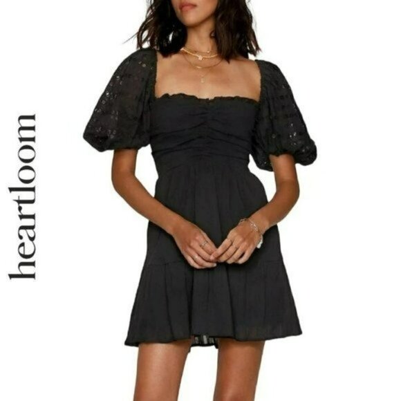 NWT HEARTLOOM Cella Embroidered Eyelet Puff Sleeves Smocked Tiered Mini Dress - Picture 1 of 9